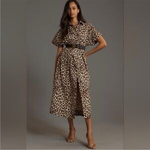 ANTHROPOLOGIE | Exquiese Tobi Leopard Button Front Midi Shirt Dress | M